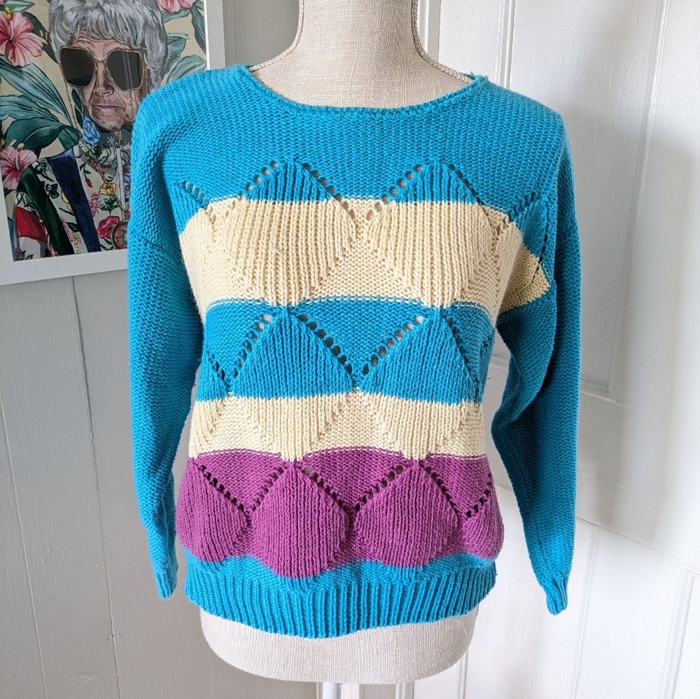 Vintage 70s COLLEGE TOWN Sweater Striped Argyle Stitch Women's M Teal